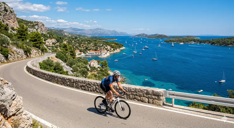 Cyclist on coastal road with sea view