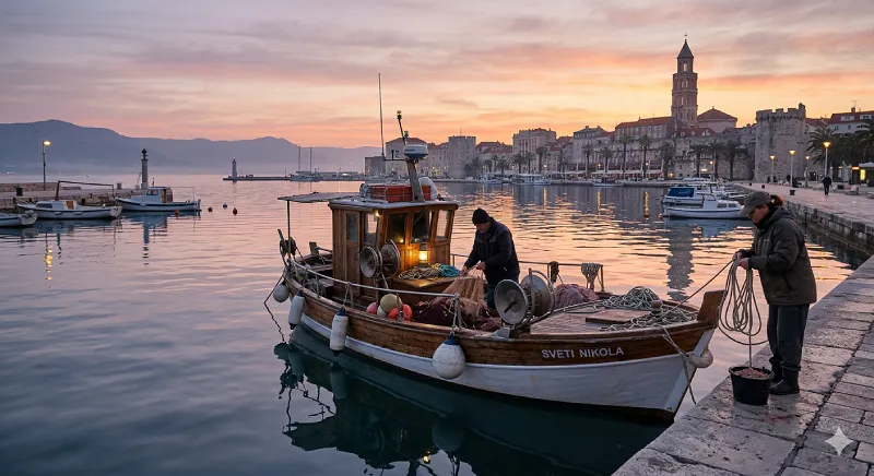 Fishing boat at dawn in Split harbou