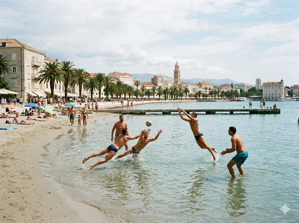 Bačvice beach scene — picigin game