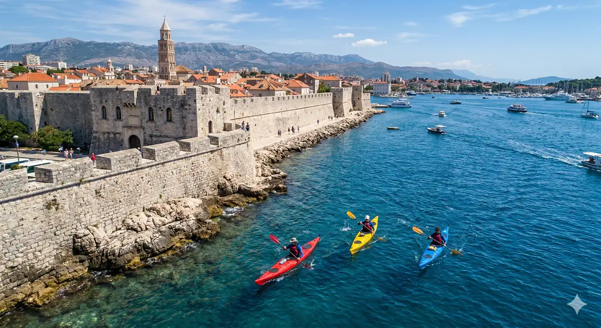 Sea kayakers paddling past Diocletian's Palace walls