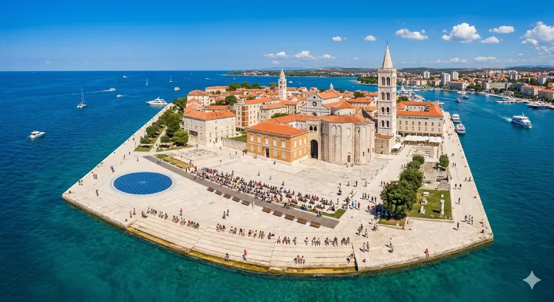 Zadar old town with Roman Forum and sea organ